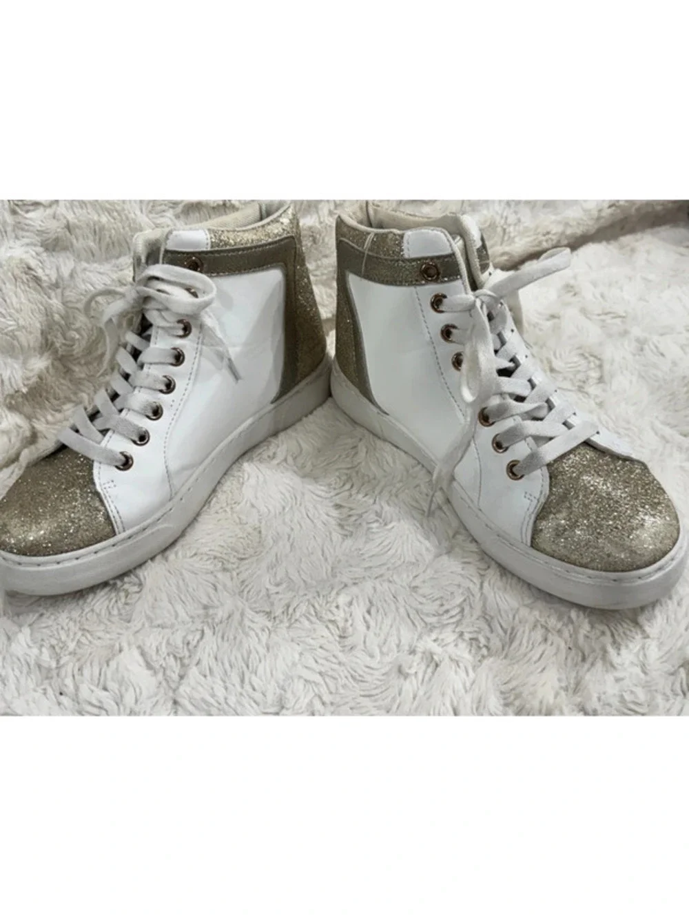 Women’s Boutique High-Tops, white and gold. Size 7